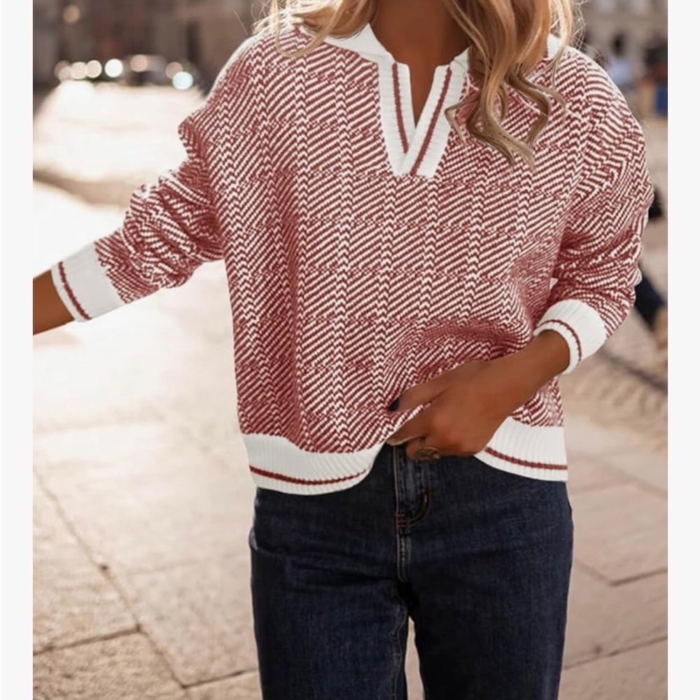 Collared Red/Maroon & Cream Geometric Print Chunky Core Knit Sweater With V-Neck